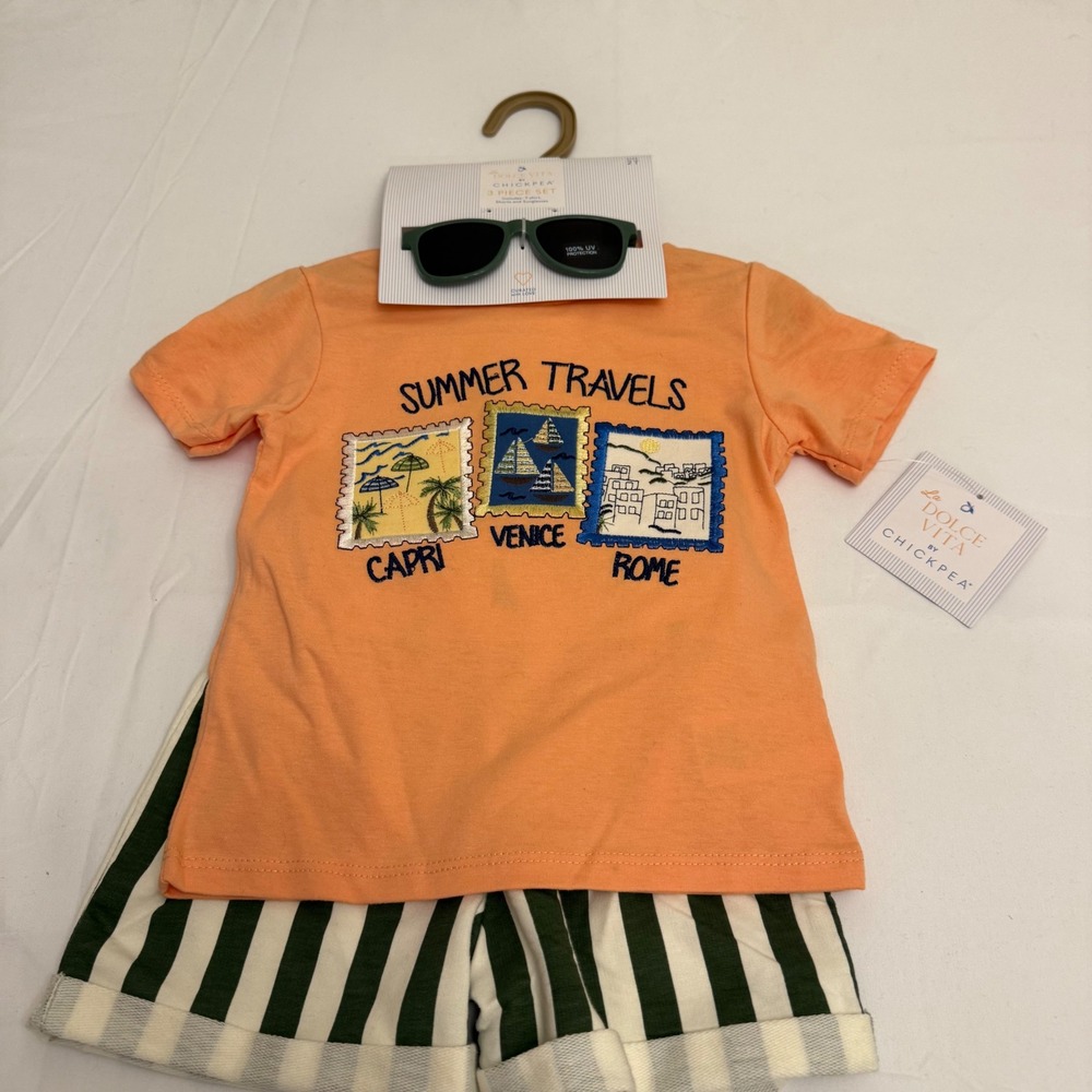 Chickpea La Dolce Vita Boys 3 Piece Summer Travels Set Orange Shirt Shorts 2T